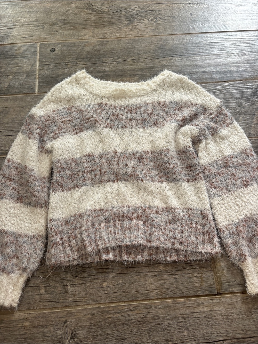 Maurices Fuzzy Striped Crewneck Sweater - Cream and Brown